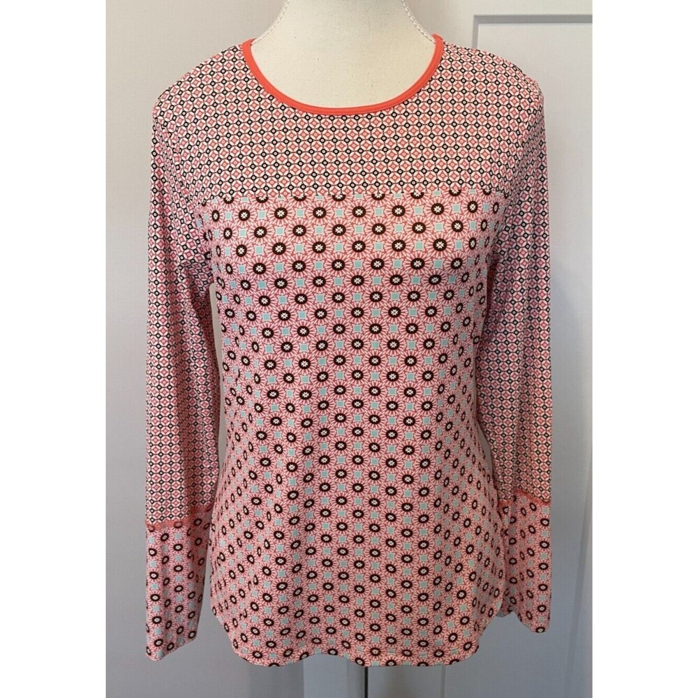 LANDS END Women Swim Shirt RASH GUARD Long Sleeve CORAL Brown Aqua Size S 6-8